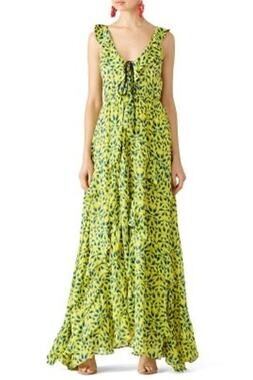 TANYA TAYLOR Yellow Blue Printed Silk Chiffon V-Neckline Maxi Dress Size 2